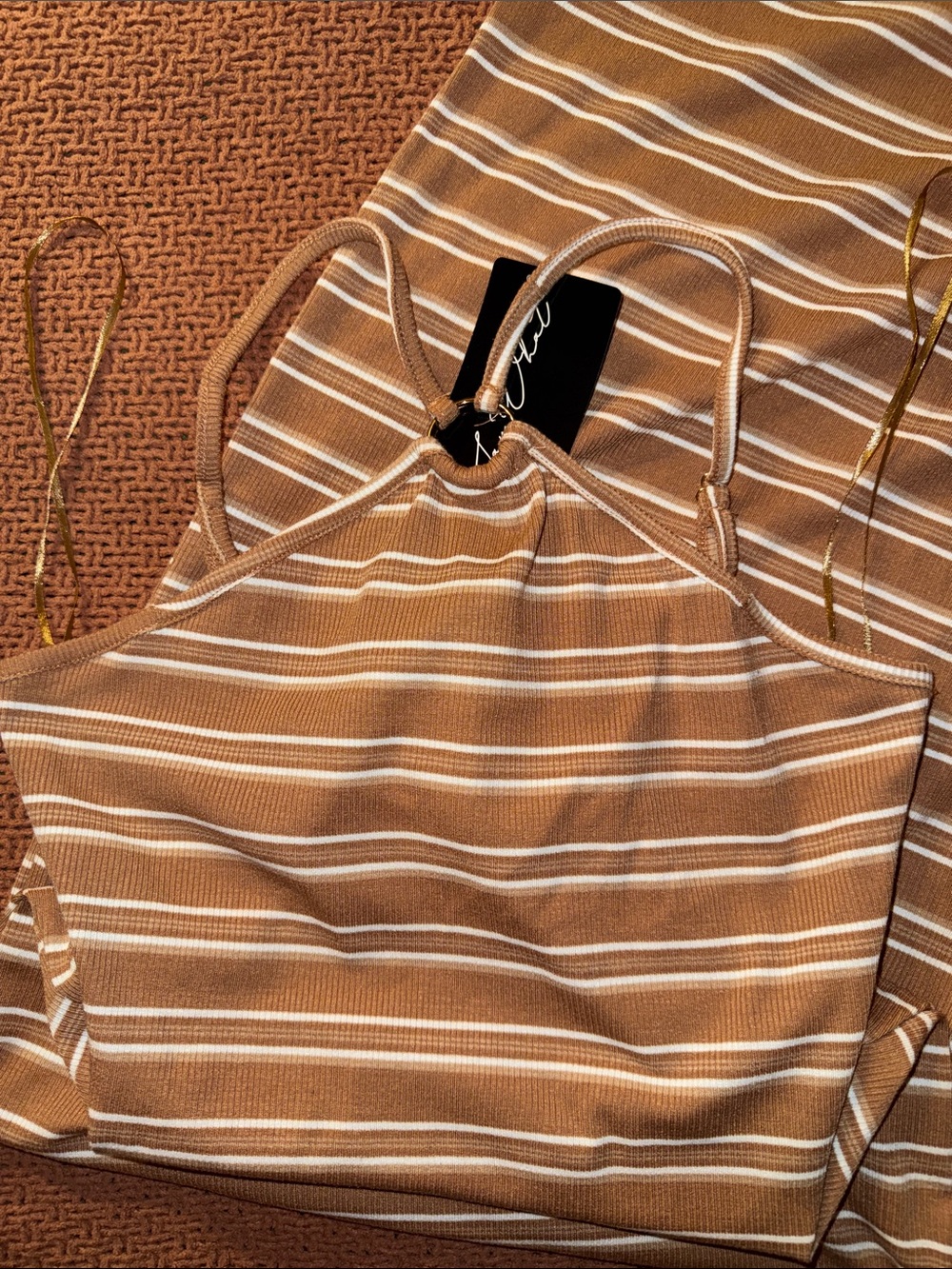 Say What? Camel and White Striped Halter Midi Dress
